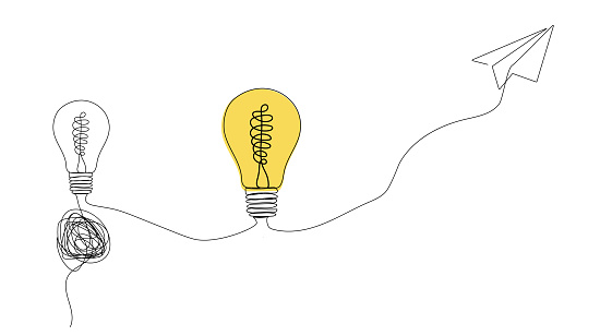 Confused thoughts, problem solving, new idea, problem solving concept. One continuous line drawing of path from chaotic to simplicity and light bulb. Problem solving and business solutions concept in simple linear style.