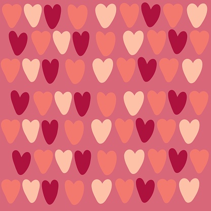 Pink background with small multi-colored hearts in on-trend pink tones. Vector. For printing, wedding decoration, Valentine's Day, declaration of love.