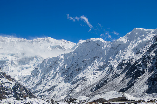 This beautiful snow covered mountain captured during the Kanchenjunga circuit trek in Nepal.