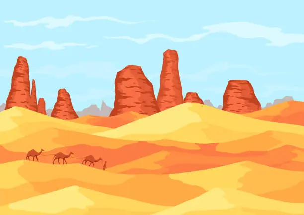 Vector illustration of Camel convoy with arabic people in desert with mountains. Caravan on desert meadow, panoramic and outside view on wild nature. Landscape and journey, travel and africa, tourism theme