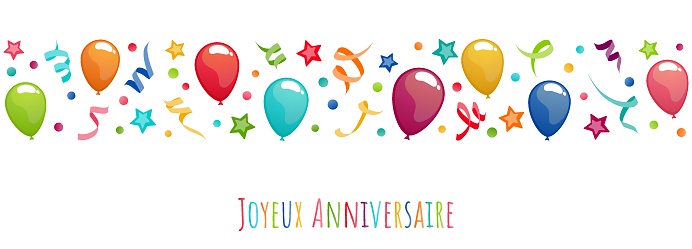 eps vector illustration file banner with birthday greetings (french text) with balloons, streamers, confetti and stars for birthday and party time concepts