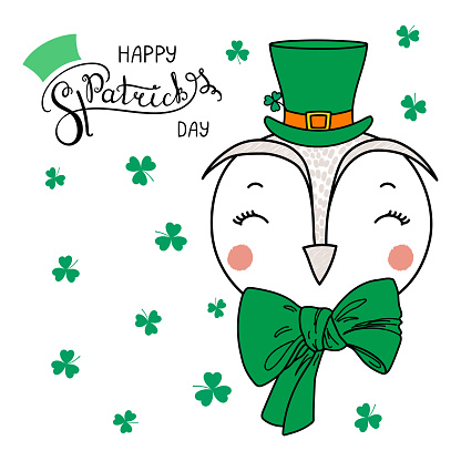 Hand drawn vector portrait of a cute funny owl in a leprechaun top hat, with text Happy Saint Patrick s day. Isolated objects on white. Vector illustration. Design concept for children, celebration.