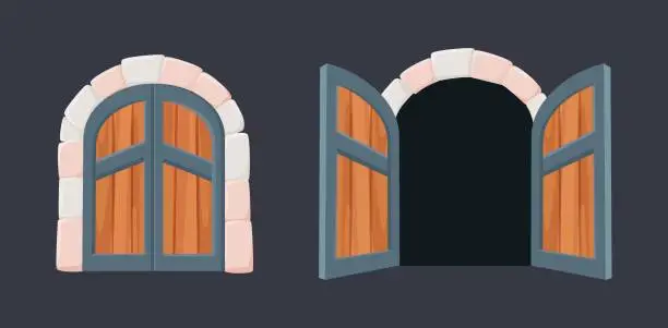Vector illustration of Medieval castle gate. Cartoon wooden doors open and close. Kingdom, fortress or dungeon entrance. Opened closed giant door, nowaday vector elements