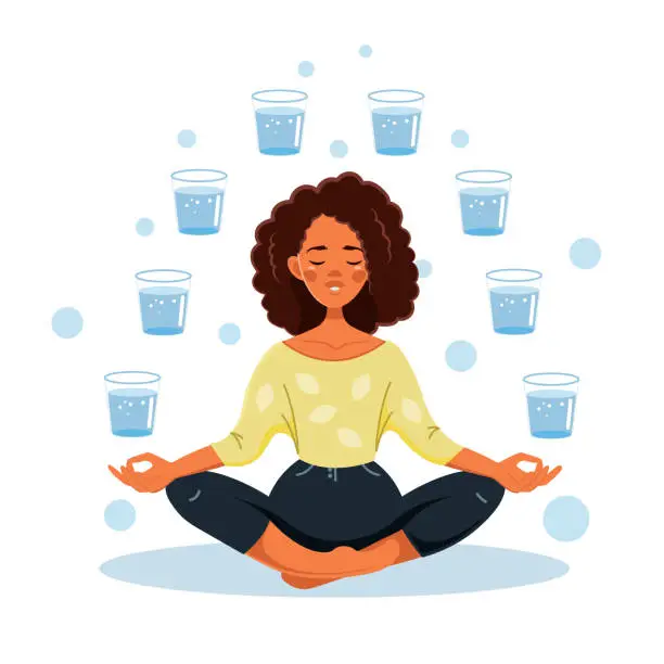 Vector illustration of An African-American woman meditates with glasses of water