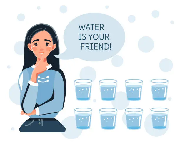 Vector illustration of A young girl and glasses of clean water. The daily rate of water. Vector