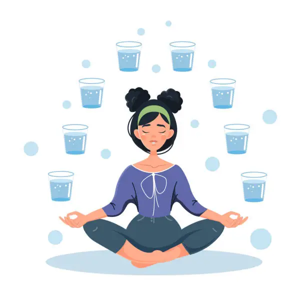 Vector illustration of The girl is sitting in the lotus position and meditating with glasses of water. Vector