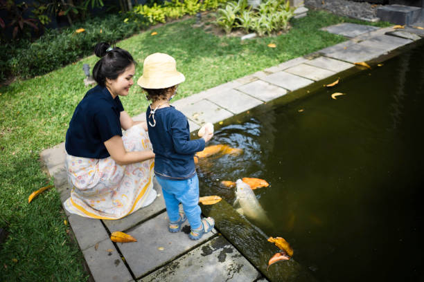 Pretty mother and a young baby relax on a rock while watching the Koi fish swim by