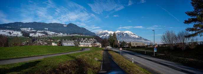 sarnen from switzerland road is foreground snowy pilatus mountain background panoramic travel still