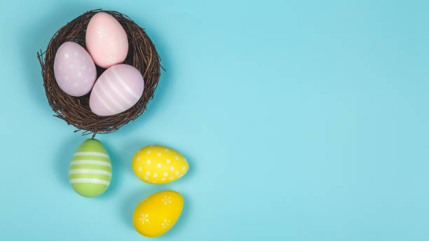 istock Happy Easter concept. Easter eggs in the nest isolated on blue background. Simple minimalism. Flat lay, top view, copy space. Horizontal Banner. Poster, mock up for design. 1962549046