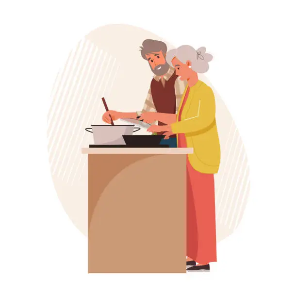 Vector illustration of Elderly couple cooking together in the kitchen. Old man and woman in love preparing healthy meal for a dinner or lunch. Smiling retired family cooking and tasting food, spending time together at home.