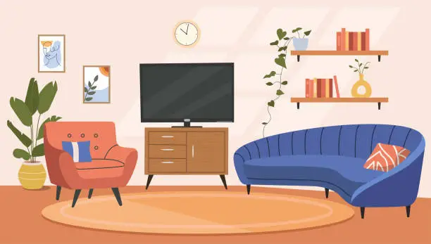 Vector illustration of Living room interior. Comfortable sofa, chair, TV and house plants. Vector flat cartoon illustration