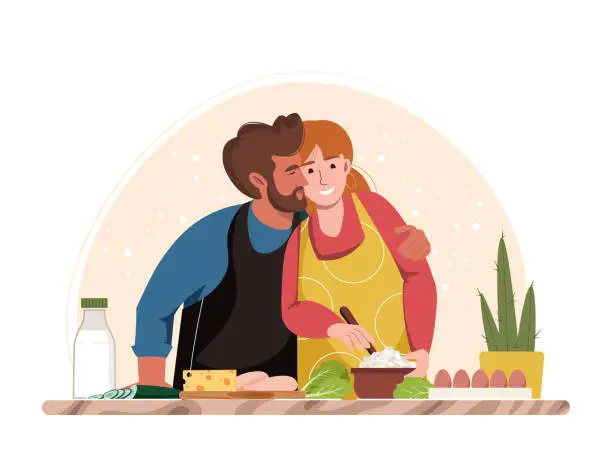 Vector illustration of Happy man kiss her wife while cooking dinner in kitchen vector flat illustration. Man and woman preparing homemade meals on white. Smiling people family serving table, dining together, converting food