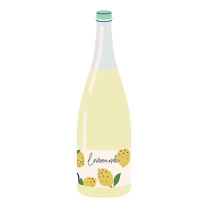 Lemonade glass bottle. Cold summer drink, lemonade, refreshment with lemon flavor, lemony soda beverage. Organic cooling carbonated fruity water. Flat vector illustration isolated on white background.