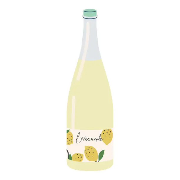 Vector illustration of Lemonade glass bottle. Cold summer drink, lemonade, refreshment with lemon flavor, lemony soda beverage. Organic cooling carbonated fruity water. Flat vector illustration isolated on white background.