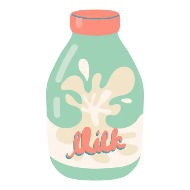Vector illustration of Milk bottle. Little bottle of cow milk or vegan plant-based milk, cashew, soya, oatmeal, almond, or coconut milk. Vector hand drawn cartoon dairy product bottle illustration on white background.