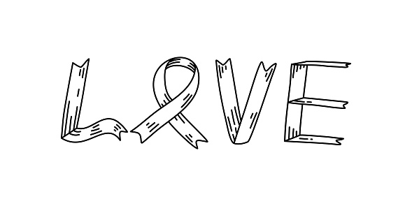 Lettering love word and cancer ribbon hand drawn outline vector.