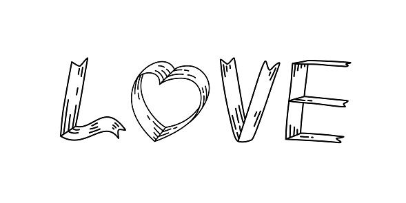 Lettering love word and heart shape hand drawn outline vector.