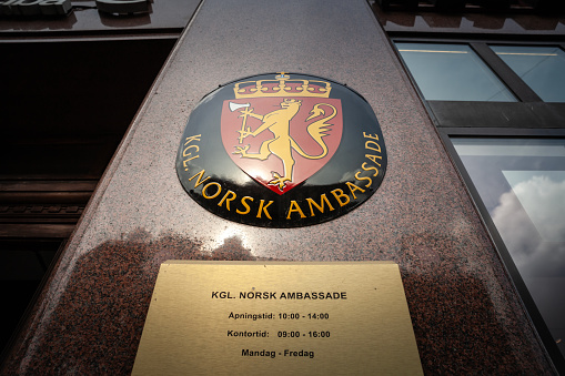 Picture of the coat of arms of Norway in front of their embassy in downtown Riga, Latvia. It is the official representation of the foreign affairs of the Kingdom of Norway.