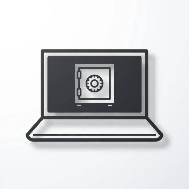 Vector illustration of Laptop with safe box. Icon with shadow on white background