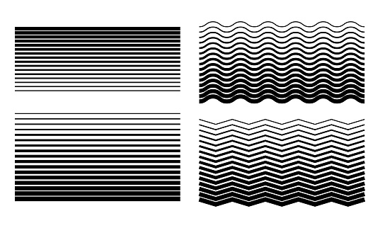 Fading Lines set. Striped Pattern. Halftone Gradient Lines. Black wavy and zigzag lines for minimalist banners and posters. Geometric background.