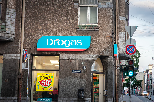 Picture of a sign with the logo of Drogas on one of their stores in Riga, Latvia. Drogas stores are selling cosmetics, healthcare items, household products and health food.