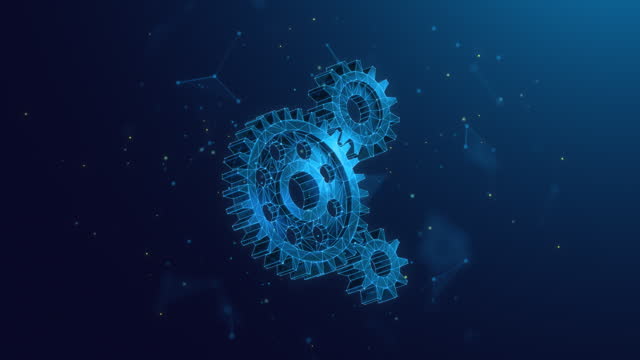 Abstract Animated Low Poly Illustration of Gears Spinning Together. Symbol of Corporate Collaboration, Partnership and Teamwork 4K Looped Motion Graphic on Blue Background.