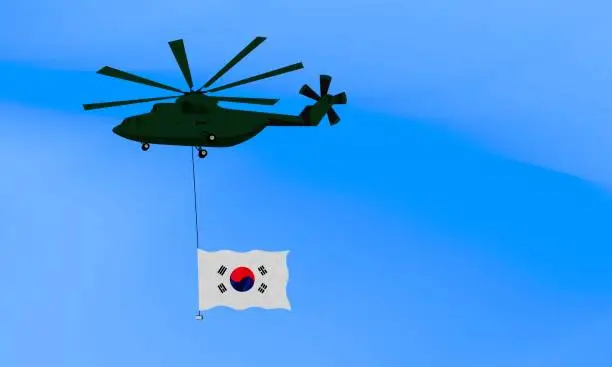 Vector illustration of Helicopter flies with the flag of South Korea, the flag of South Korea in the sky. National holiday. vector illustration