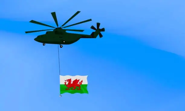 Vector illustration of Helicopter flies with the flag of Wales, the flag of Wales in the sky. National holiday. vector illustration