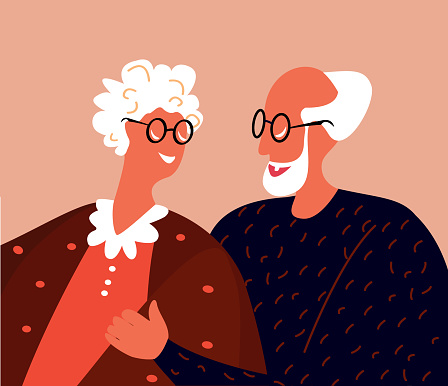 Senior Aged Loving Couple Hugging,Elderly People,Old Man,Woman in Love,Friendly Relations Spend Time Together,Close Romantic Relationships.St Valentine's Day Card.Cartoon Flat Vector Illustration