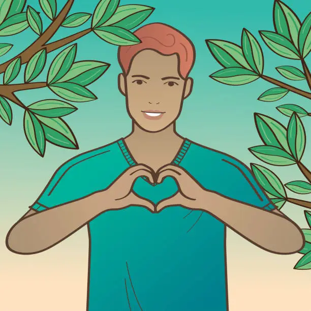 Vector illustration of Man in love making heart gesture