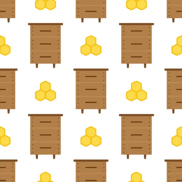 Vector illustration of wooden beehive seamless pattern