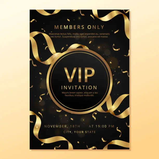 Vector illustration of Luxury golden vip invitation. Black and gold premium template with bokeh lights and gold confetti