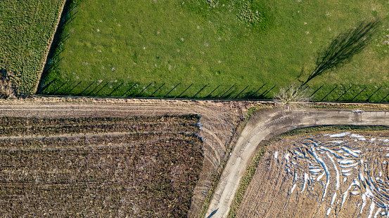This aerial image showcases a variety of agricultural fields in different stages of cultivation. On the left, a lush green field suggests active growth, possibly a grass or legume crop. In contrast, the adjoining parcel appears fallow, with remnants of previous harvest and distinct tractor tire tracks, implying recent plowing. The bottom right quadrant reveals a field with snowy remnants, indicating a transition from winter to spring. This diverse agricultural tapestry is intersected by a diagonal dirt path, adding a dynamic angle to the composition. The long shadow of a tree diagonally cast across the green field adds a sense of time, suggesting early morning or late afternoon light. Seasonal Patchwork: Aerial View of Agricultural Fields. High quality photo