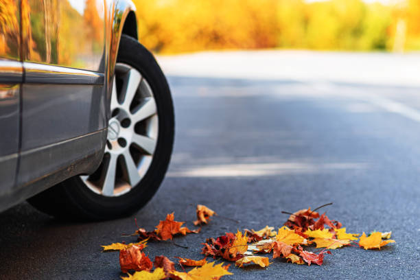 istock Car on asphalt road on autumn day at forest or park.Selective focus,copy space.Blurred background. 1962647251