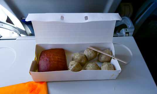 Breakfast in a cardboard box on the plane, muffin and muffin