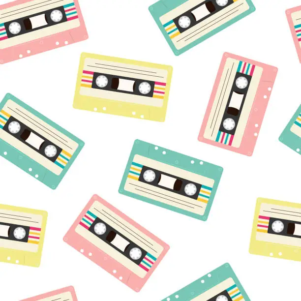 Vector illustration of Multicolored audio cassettes retro seamless pattern in 90s style