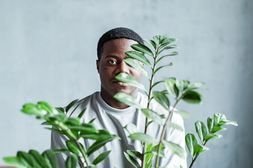 Young adult black man portrait holding houseplant