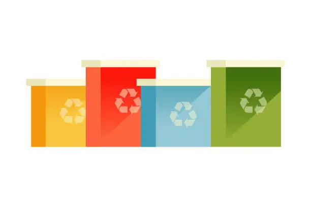 Vector illustration of Different Colored Trash Can for Recycling. Modern Vector Illustration. Social Media Template. Segregate Waste, Sorting Garbage, Waste Management.