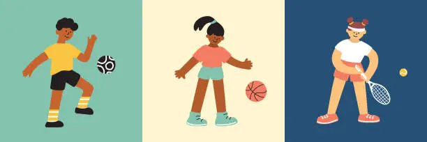 Vector illustration of Kids active leisure set vector illustration with diversity children play different sport game
