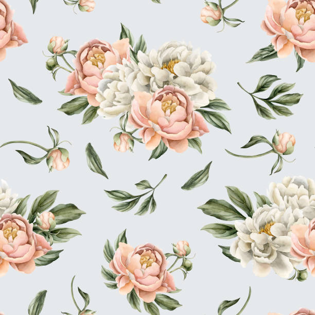istock Floral watercolor seamless pattern with white and peach color peony flowers, buds and green leaves on light blue 1962658789