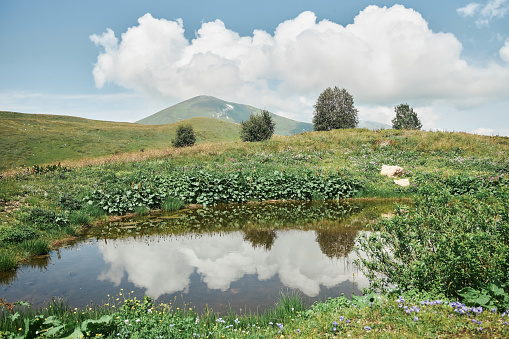 The high mountain Pshekha-Su and the mountain lake Psenodakh in the Caucasus mountains. The natural landscape. The high-altitude area of the Caucasian Nature
