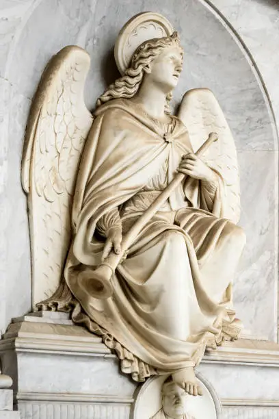 Verano cemetery, Rome, Italy: detail of Salvatore Carminati's grave built in 1877 and angel with trumpet.