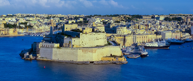 Valetta, Malta - September 14, 2012: View of Fort Saint Angelo in Birgu, Malta from Valletta, across the Grand Harbour of Malta