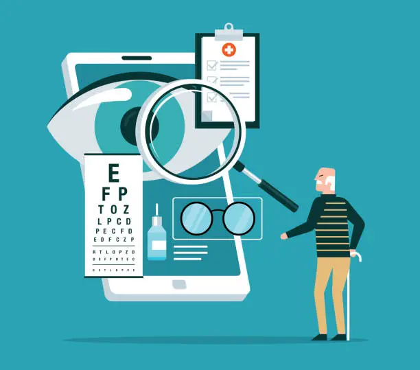 Vector illustration of Online Ophthalmic Touchscreen Application - Elderly man