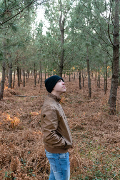 Stock photo of a young man with a woolen hat and jacket looking around in the forest enjoying nature surrounded by trees