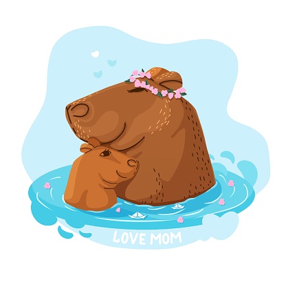 Funny capybara mom in a flower wreath with a baby floating in the water, letting paper boats, on vacation on vacation, relax. Mom's love.Kawaii drawing, a funny flat isolated illustration.