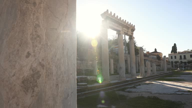 View of the iconic Roman Agora with lens flare ( Athens, Greece).