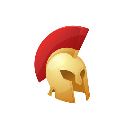 Spartan military helmet armor icon. Greek gladiator helmet logo. Soldier head protection golden helmet with red crest. Medieval knight iron helmet. Game asset. Vector illustration isolated on white