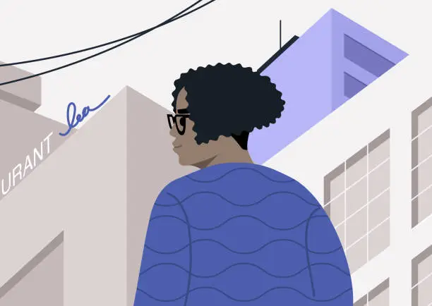 Vector illustration of A middle aged woman experiences the marvel of visiting a big city for the first time, captivated by the grand view of towering skyscrapers, the awe and wonder that accompany exploring a cityscape