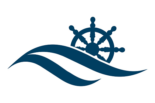 Water Wave Sea Ocean with Steer Wheel for Nautical Marine Transportation Illustration Design Vector